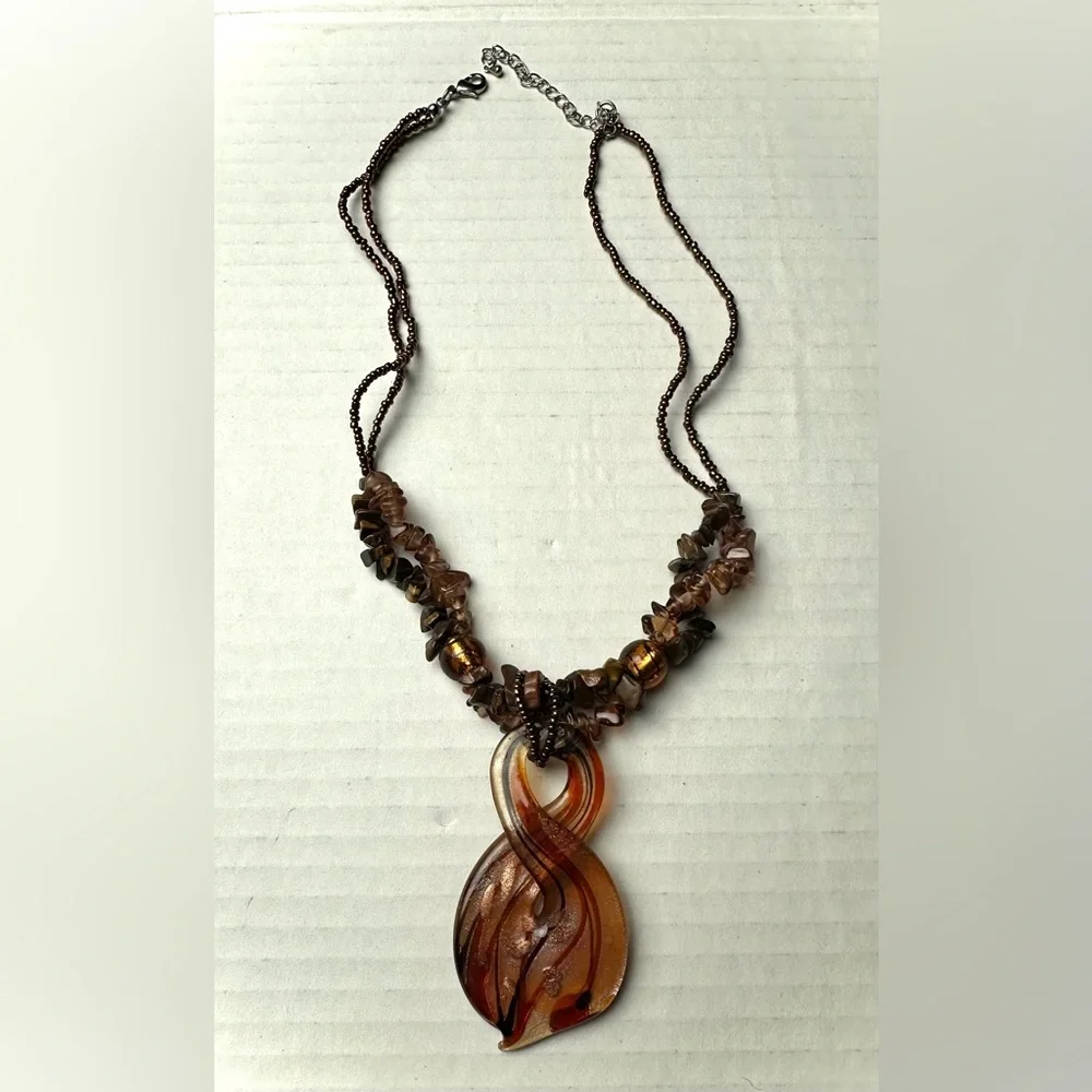 Vintage Murano Amber Twisted Glass Chunky Pendant Necklace‎ Stone Beads Bohemian